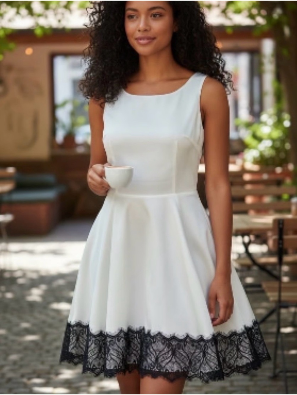Express White Sleeveless Fit-and-Flare Dress with Black Lace Trim